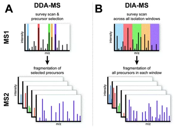 Schematic comparison of DDA-MS and DIA-MS acquisition modes showing precursor ion selection and fragmentation strategies